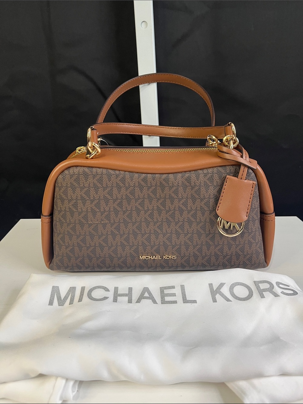 Michael Kors Brown Monogram Satchel with Tan Leather Trim